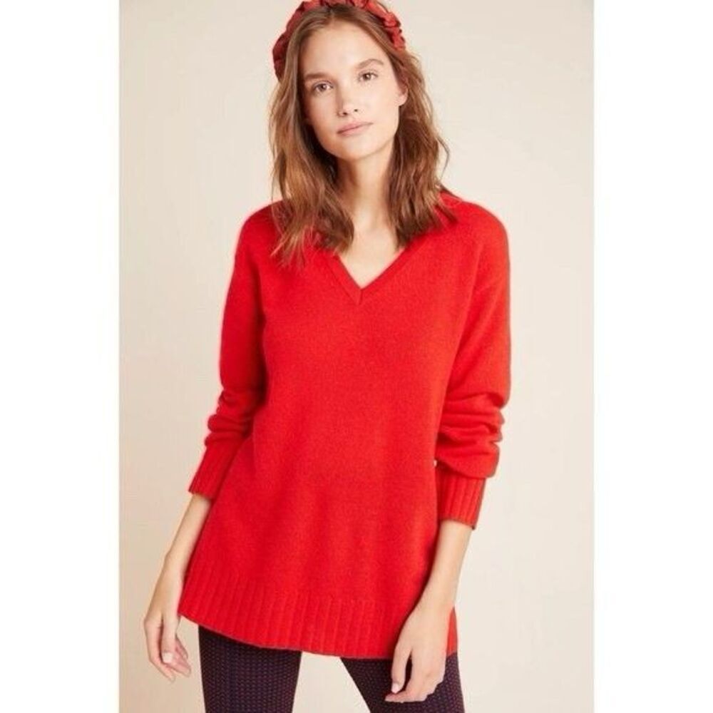 Anthropologie 100% Cashmere Size XS Tunic Sweater Red V-Neck Rib Hem Slit Hem